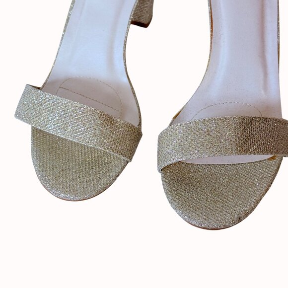 Gold Glitter Block Heel Sandals Size 8 Ankle Strap Open Toe Formal Party Shoes - Picture 9 of 14